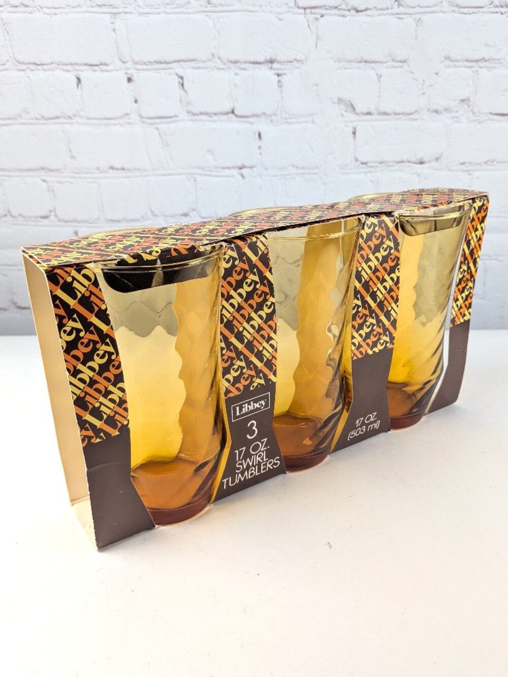 Vintage Libbey Set of 3 Amber 17oz Swirl Tumblers